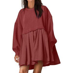 Women Oversized Sweatshirt Dress Long Sleeve Patchwork Brick Red Pleated Mini